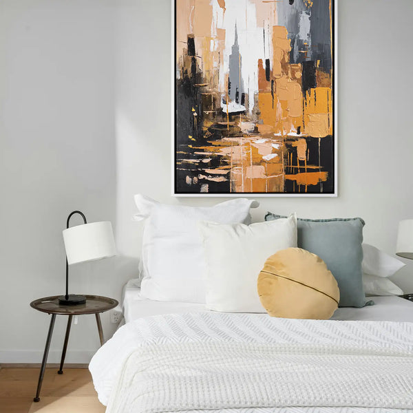 Leinwandbild handgemalt mit Acrylfarbe und Strukturpaste im Hochformat, Skyscraper, 90x120 mit Bilderrahmen in Schwarz