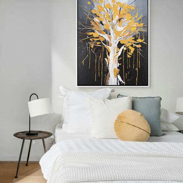 Leinwandbild handgemalt mit Acrylfarbe und Strukturpaste im Hochformat, Golden Leaves, 90x120 mit Bilderrahmen in Schwarz