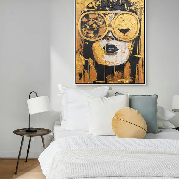 Leinwandbild handgemalt mit Acrylfarbe und Strukturpaste im Hochformat, Die Zukunft traegt Gold, 90x120 mit Bilderrahmen in Schwarz