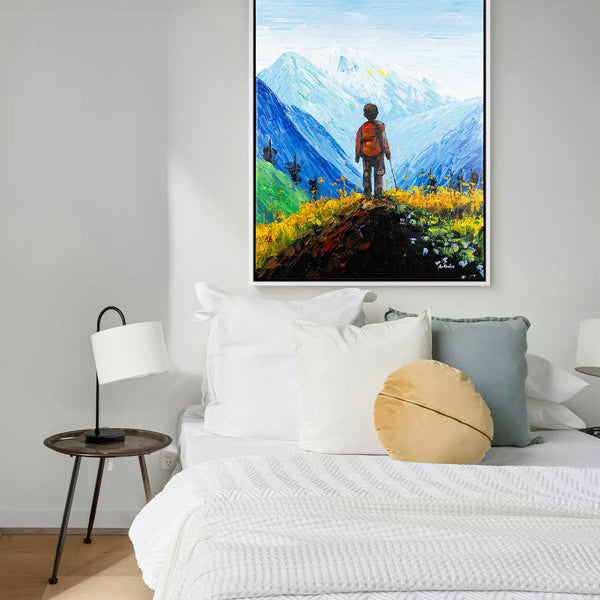 Leinwandbild handgemalt mit Acrylfarbe und Strukturpaste im Hochformat, Die Reise, 90x120 mit Bilderrahmen in Schwarz