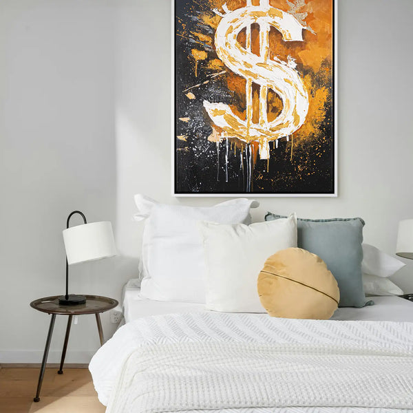 Leinwandbild handgemalt mit Acrylfarbe und Strukturpaste im Hochformat, Dollar, 90x120 mit Bilderrahmen in Schwarz