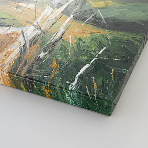 Leinwandbild handgemalt mit Acrylfarbe und Strukturpaste im Hochformat, fruehlingserwachen, 60x80 mit Bilderrahmen in Weiß