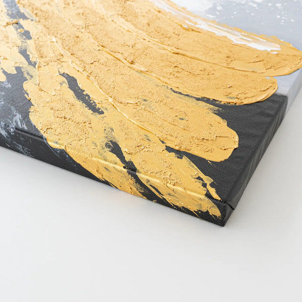 Leinwandbild handgemalt mit Acrylfarbe und Strukturpaste im Hochformat, Goldene Reflexionen, 60x80 mit Bilderrahmen in Weiß