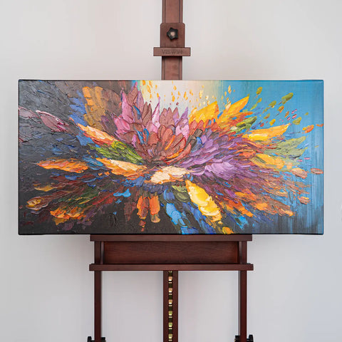 Leinwandbild handgemalt mit Acrylfarbe und Strukturpaste im Panorama, Tanz der Farben, 50x100 mit Bilderrahmen in Schwarz