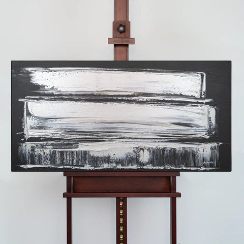 Leinwandbild handgemalt Gemälde mit Acrylfarbe und Strukturpaste im Panorama, Klang des Metalls, 100x50 mit Bilderrahmen in Schwarz