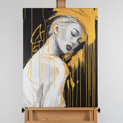 Leinwandbild handgemalt mit Acrylfarbe und Strukturpaste im Hochformat, Das goldene Schweigen, 60x80 mit Bilderrahmen in Schwarz