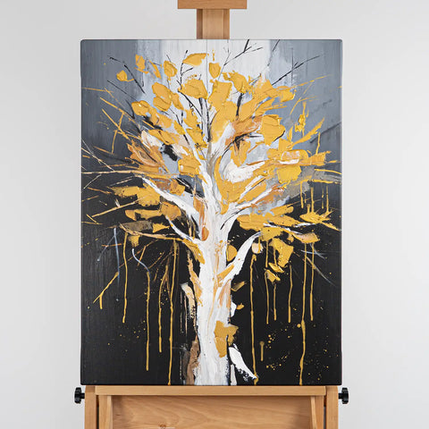 Leinwandbild handgemalt mit Acrylfarbe und Strukturpaste im Hochformat, Golden Leaves, 60x80 mit Bilderrahmen in Schwarz
