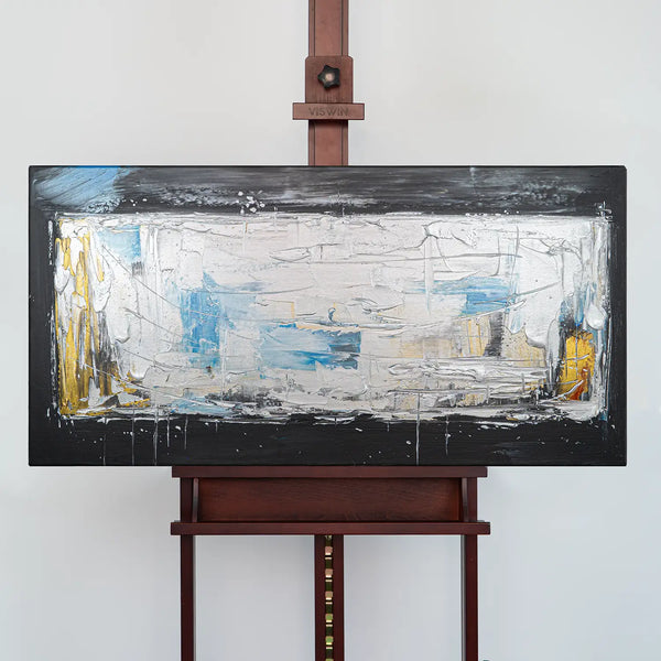 Leinwandbild handgemalt Gemälde mit Acrylfarbe und Strukturpaste im Panorama, Ewige Praesenz, 100x50 mit Bilderrahmen in Schwarz