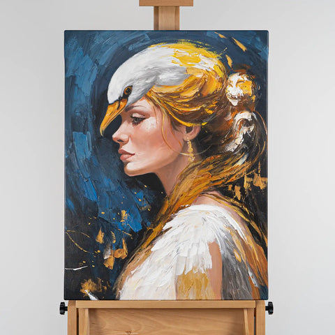 Leinwandbild handgemalt mit Acrylfarbe und Strukturpaste im Hochformat, Schwanenkoenigin, 60x80 mit Bilderrahmen in Schwarz