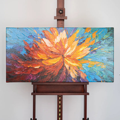 Leinwandbild handgemalt mit Acrylfarbe und Strukturpaste im Panorama, Balance im Chaos, 50x100 mit Bilderrahmen in Schwarz