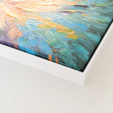 Leinwandbild handgemalt mit Acrylfarbe und Strukturpaste im Panorama, Balance im Chaos, 60x120 mit Bilderrahmen in Eiche Hell