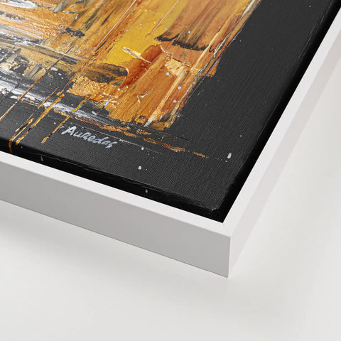 Leinwandbild handgemalt Gemälde mit Acrylfarbe und Strukturpaste im Panorama, Verschmelzen der Elemente, 120x60 mit Bilderrahmen in Eiche Hell