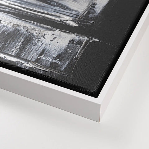 Leinwandbild handgemalt Gemälde mit Acrylfarbe und Strukturpaste im Panorama, Klang des Metalls, 120x60 mit Bilderrahmen in Eiche Hell