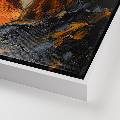 Leinwandbild handgemalt mit Acrylfarbe und Strukturpaste im Hochformat, Im Herz der Tiefe, 75x100 mit Bilderrahmen in Eiche Hell