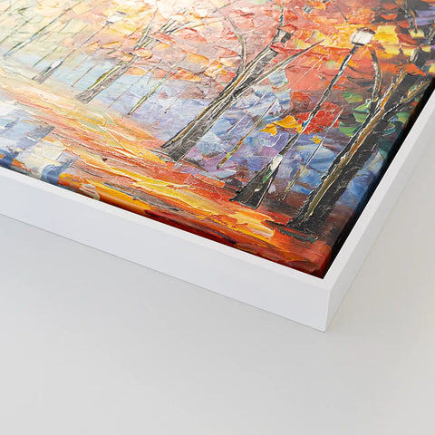 Leinwandbild handgemalt mit Acrylfarbe und Strukturpaste im Panorama, Der Weg des Lichts, 60x120 mit Bilderrahmen in Eiche Hell