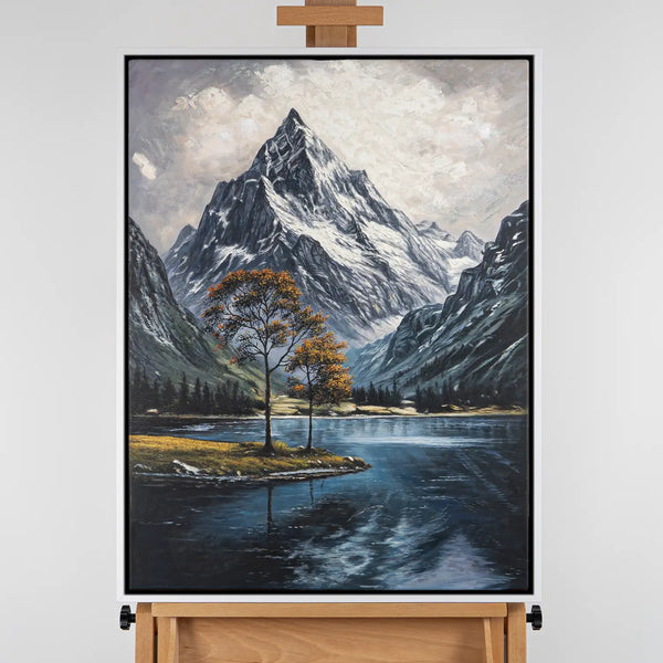 Leinwandbild handgemalt mit Acrylfarbe und Strukturpaste im Hochformat, Zwischen Berg und See, 90x120 ohne Rahmen