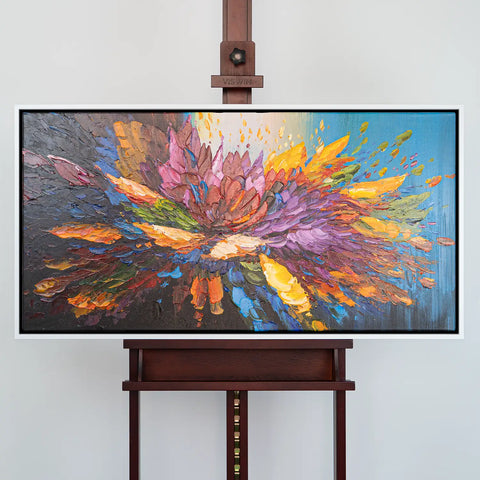 Leinwandbild handgemalt mit Acrylfarbe und Strukturpaste im Panorama, Tanz der Farben, 70x140 ohne Rahmen
