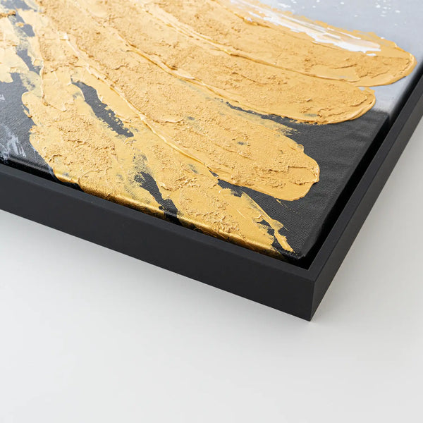 Leinwandbild handgemalt mit Acrylfarbe und Strukturpaste im Hochformat, Goldene Reflexionen, 120x160 mit Bilderrahmen in Schwarz