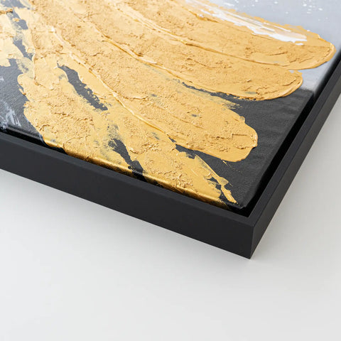 Leinwandbild handgemalt mit Acrylfarbe und Strukturpaste im Hochformat, Goldene Reflexionen, 120x160 mit Bilderrahmen in Schwarz
