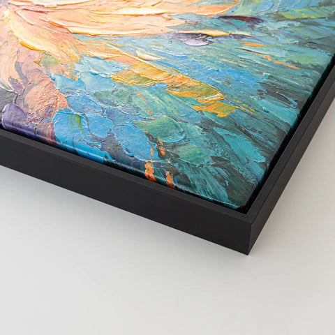 Leinwandbild handgemalt mit Acrylfarbe und Strukturpaste im Panorama, Tanz der Farben, 80x160 mit Bilderrahmen in Schwarz