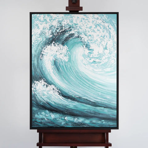Leinwandbild handgemalt mit Acrylfarbe und Strukturpaste im Hochformat, Das unendliche Spiel, 120x160 mit Bilderrahmen in Eiche Dunkel