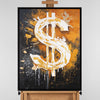 Leinwandbild handgemalt mit Acrylfarbe und Strukturpaste im Hochformat, Dollar, 120x160 mit Bilderrahmen in Eiche Dunkel