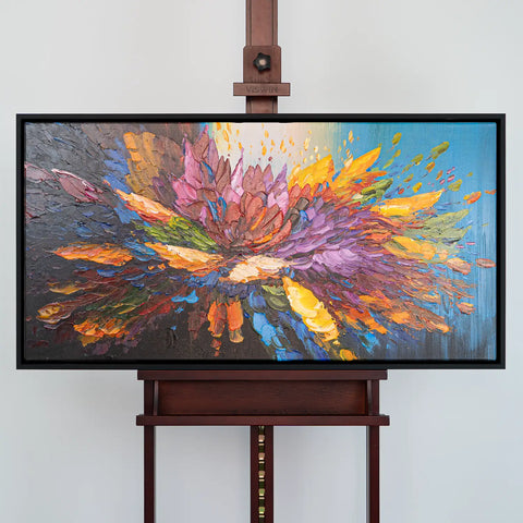 Leinwandbild handgemalt mit Acrylfarbe und Strukturpaste im Panorama, Tanz der Farben, 80x160 mit Bilderrahmen in Eiche Dunkel