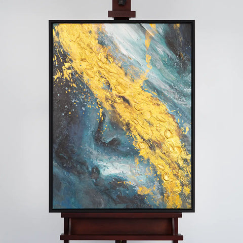 Leinwandbild handgemalt mit Acrylfarbe und Strukturpaste im Hochformat, Der Raum dazwischen, 120x160 mit Bilderrahmen in Eiche Dunkel