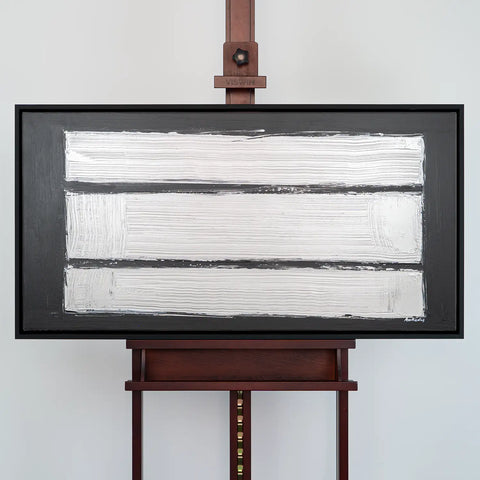 Leinwandbild handgemalt Gemälde mit Acrylfarbe und Strukturpaste im Panorama, Reflexion, 160x80 mit Bilderrahmen in Eiche Dunkel