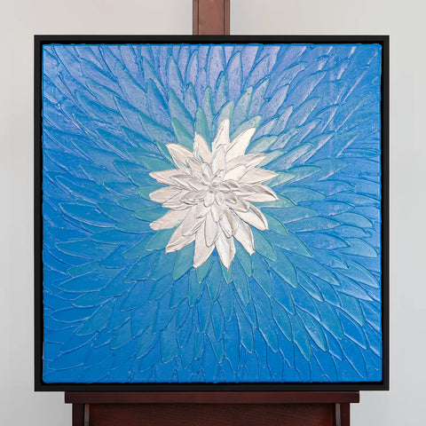 Leinwandbild handgemalt mit Acrylfarbe und Strukturpaste im Quadratisch, Geist der Freiheit, 120x120 mit Bilderrahmen in Eiche Dunkel