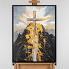 Leinwandbild handgemalt mit Acrylfarbe und Strukturpaste im Hochformat, Berg der Vergebung, 120x160 mit Bilderrahmen in Eiche Dunkel