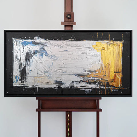 Leinwandbild handgemalt Gemälde mit Acrylfarbe und Strukturpaste im Panorama, Verschmelzen der Elemente, 160x80 mit Bilderrahmen in Eiche Dunkel