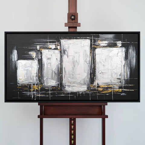 Leinwandbild handgemalt Gemälde mit Acrylfarbe und Strukturpaste im Panorama, Dunkle Eleganz, 160x80 mit Bilderrahmen in Eiche Dunkel