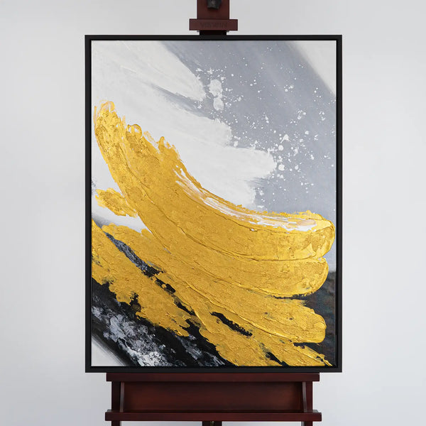 Leinwandbild handgemalt mit Acrylfarbe und Strukturpaste im Hochformat, Goldene Reflexionen, 120x160 mit Bilderrahmen in Eiche Dunkel