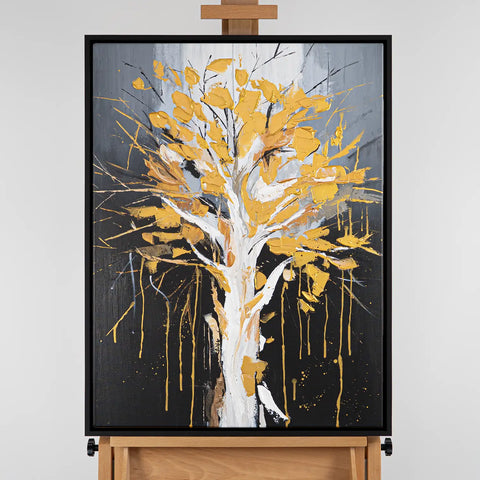 Leinwandbild handgemalt mit Acrylfarbe und Strukturpaste im Hochformat, Golden Leaves, 120x160 mit Bilderrahmen in Eiche Dunkel