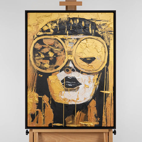 Leinwandbild handgemalt mit Acrylfarbe und Strukturpaste im Hochformat, Die Zukunft traegt Gold, 120x160 mit Bilderrahmen in Eiche Dunkel