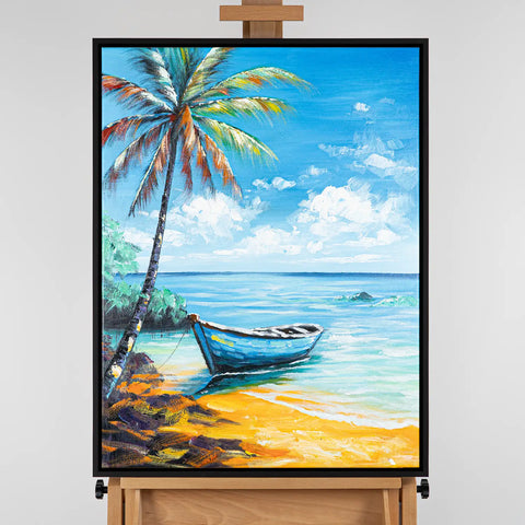 Leinwandbild handgemalt mit Acrylfarbe und Strukturpaste im Hochformat, Flucht in die Stille, 120x160 mit Bilderrahmen in Eiche Dunkel