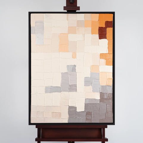 Leinwandbild handgemalt mit Acrylfarbe und Strukturpaste im Hochformat, Kosmische Ordnung, 120x160 mit Bilderrahmen in Eiche Dunkel