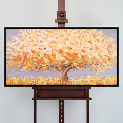 Leinwandbild handgemalt mit Acrylfarbe und Strukturpaste im Panorama, Dualitaet der Natur, 80x160 mit Bilderrahmen in Eiche Dunkel