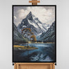 Leinwandbild handgemalt mit Acrylfarbe und Strukturpaste im Hochformat, Zwischen Berg und See, 120x160 mit Bilderrahmen in Eiche Dunkel
