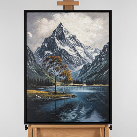 Leinwandbild handgemalt mit Acrylfarbe und Strukturpaste im Hochformat, Zwischen Berg und See, 120x160 mit Bilderrahmen in Eiche Dunkel