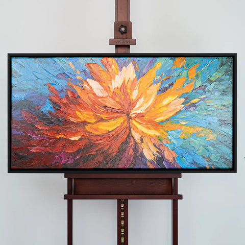 Leinwandbild handgemalt mit Acrylfarbe und Strukturpaste im Panorama, Balance im Chaos, 80x160 mit Bilderrahmen in Eiche Dunkel