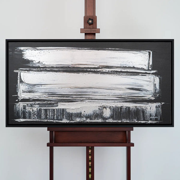 Leinwandbild handgemalt Gemälde mit Acrylfarbe und Strukturpaste im Panorama, Klang des Metalls, 160x80 mit Bilderrahmen in Eiche Dunkel