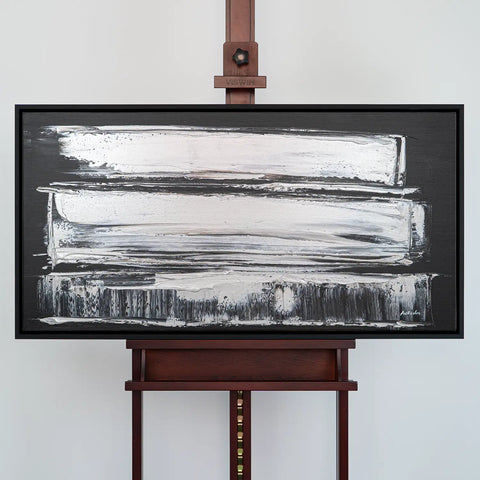 Leinwandbild handgemalt Gemälde mit Acrylfarbe und Strukturpaste im Panorama, Klang des Metalls, 160x80 mit Bilderrahmen in Eiche Dunkel