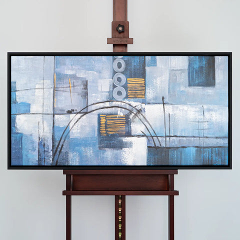 Leinwandbild handgemalt mit Acrylfarbe und Strukturpaste im Panorama, Wege der Intuition, 80x160 mit Bilderrahmen in Eiche Dunkel