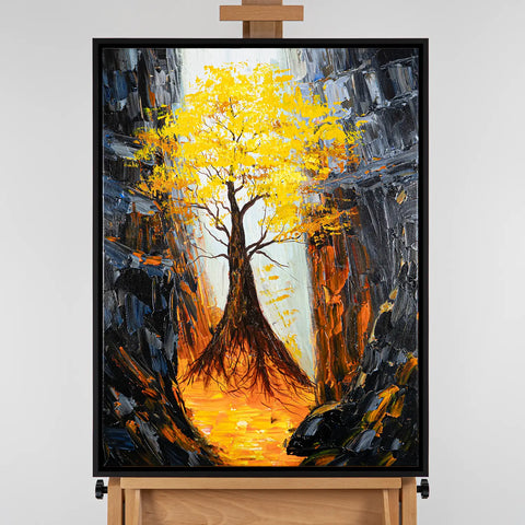 Leinwandbild handgemalt mit Acrylfarbe und Strukturpaste im Hochformat, Im Herz der Tiefe, 120x160 mit Bilderrahmen in Eiche Dunkel