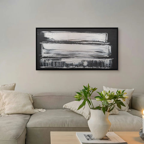 Leinwandbild handgemalt Gemälde mit Acrylfarbe und Strukturpaste im Panorama, Klang des Metalls, 160x80 mit Bilderrahmen in Eiche Hell