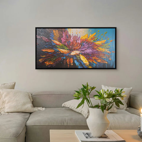 Leinwandbild handgemalt mit Acrylfarbe und Strukturpaste im Panorama, Tanz der Farben, 80x160 mit Bilderrahmen in Eiche Hell