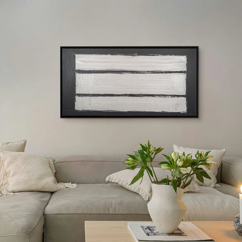 Leinwandbild handgemalt Gemälde mit Acrylfarbe und Strukturpaste im Panorama, Reflexion, 160x80 mit Bilderrahmen in Eiche Hell