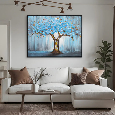 Leinwandbild handgemalt mit Acrylfarbe und Strukturpaste, Baum der Ewigkeit, 120x160 mit Bilderrahmen in Eiche Hell